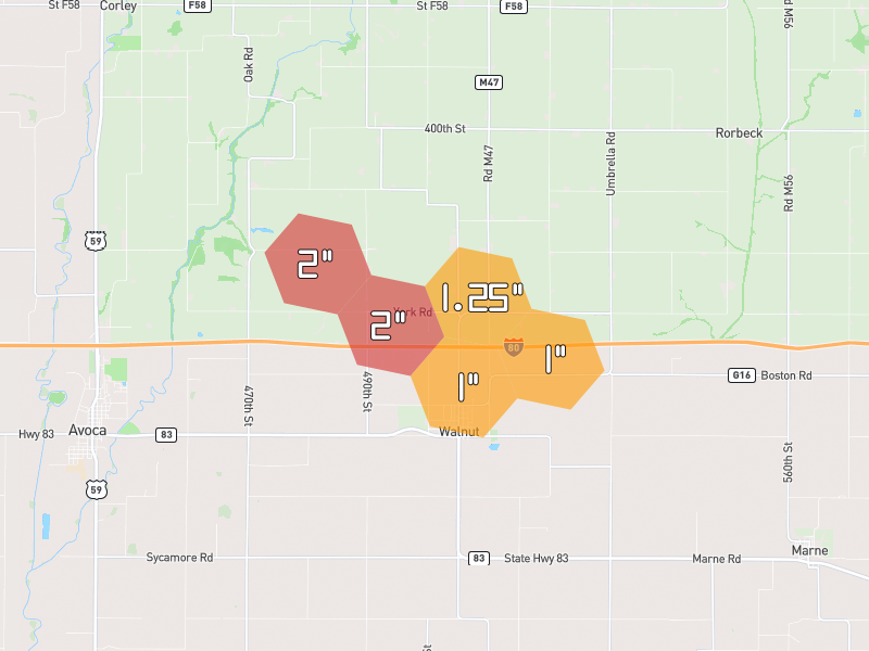 Hail map of Walnut, IA on Jun 1, 2026, hail up to 2"