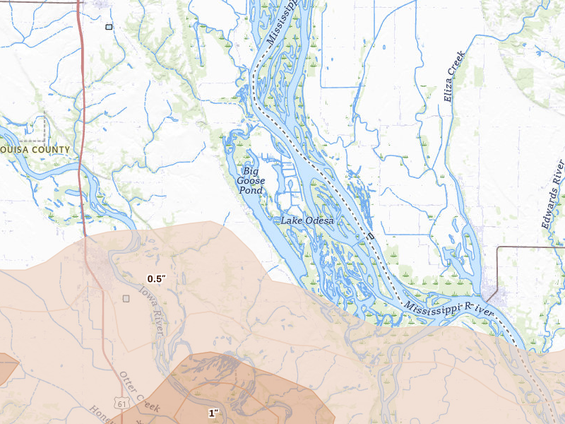 Radar-estimated hail-size map of the storm over Wapello, IA on Mar 10, 2026