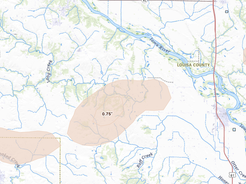 Radar-estimated hail-size map of the storm over Wapello, IA on May 15, 2026