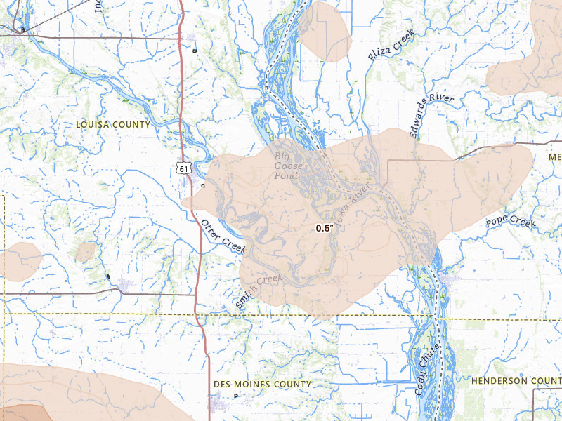 Radar-estimated hail-size map of the storm over Wapello, IA on Aug 12, 2026