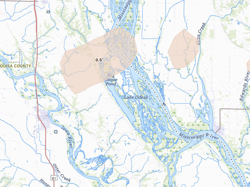 Radar-estimated hail-size map of the storm over Wapello, IA on Aug 13, 2026
