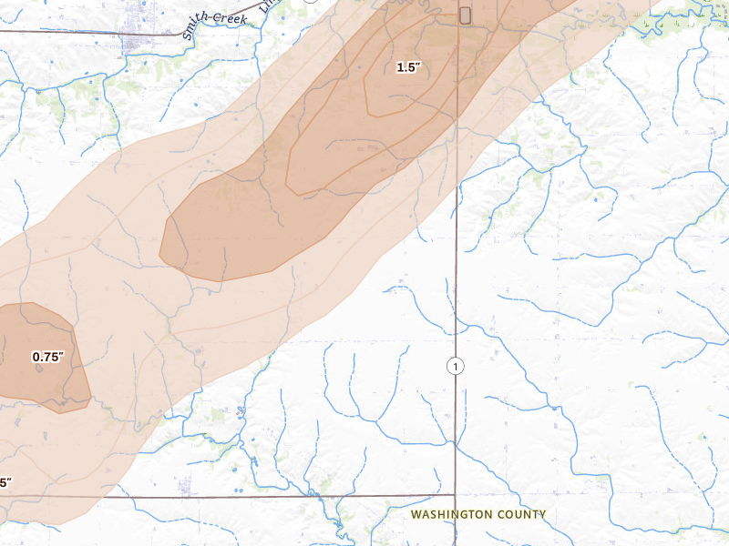 Radar-estimated hail-size map of the storm over Washington, IA on Apr 2, 2026