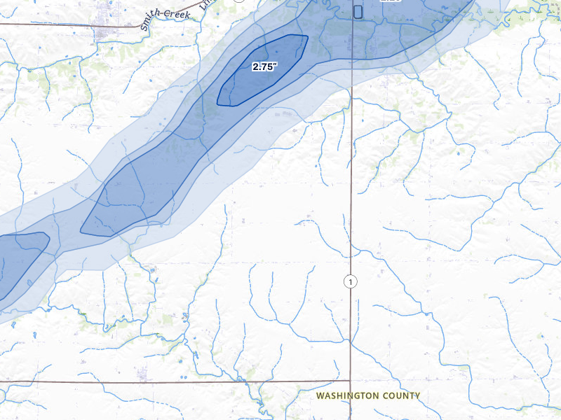 NEXRAD radar-signature map of the hail storm over Washington, IA on Apr 2, 2026