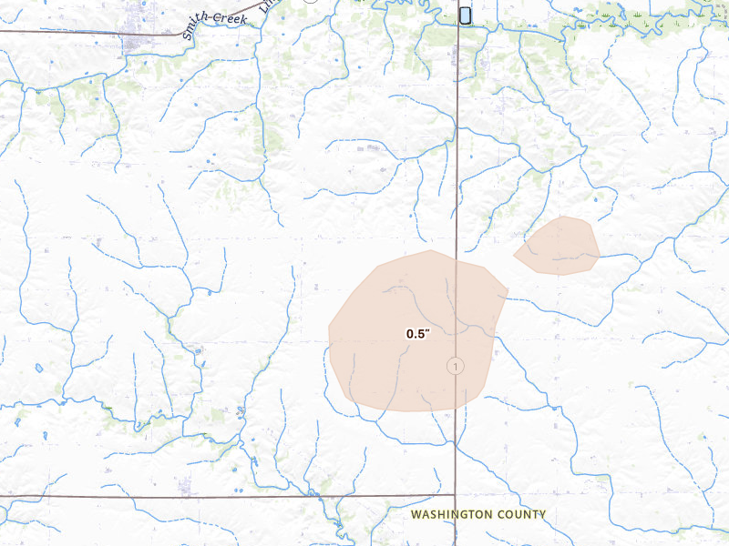Radar-estimated hail-size map of the storm over Washington, IA on Apr 17, 2026