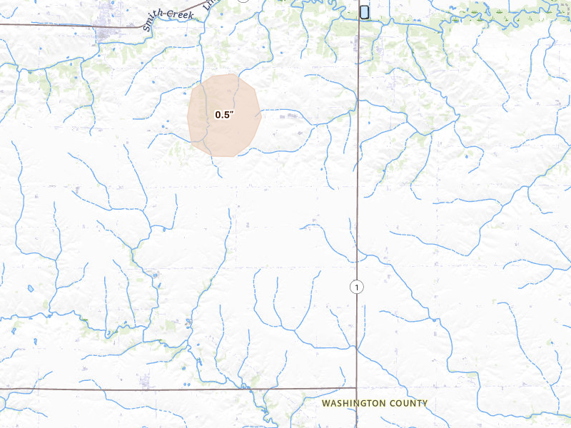 Radar-estimated hail-size map of the storm over Washington, IA on Apr 23, 2026
