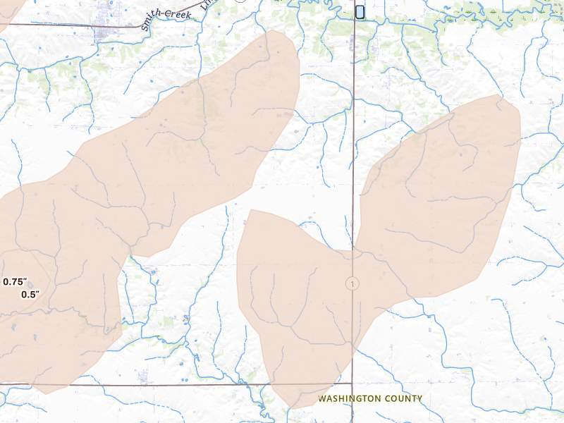 Radar-estimated hail-size map of the storm over Washington, IA on Jun 11, 2026