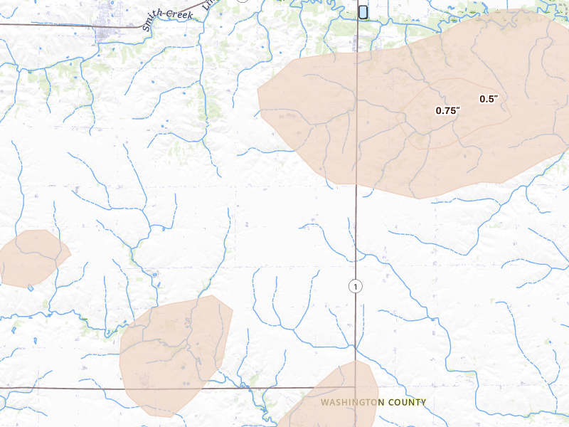 Radar-estimated hail-size map of the storm over Washington, IA on Jul 3, 2026