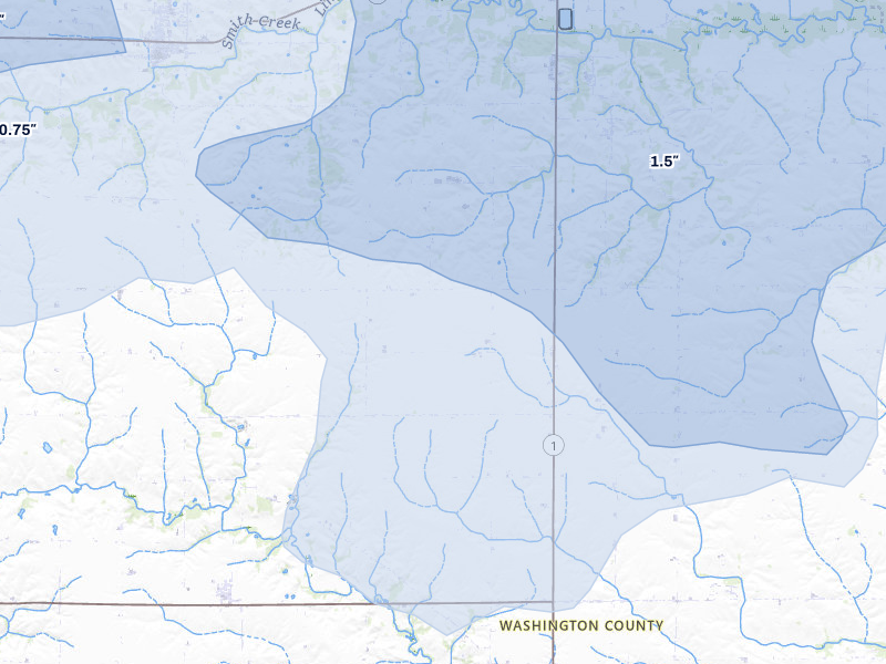 NEXRAD radar-signature map of the hail storm over Washington, IA on Jul 3, 2026