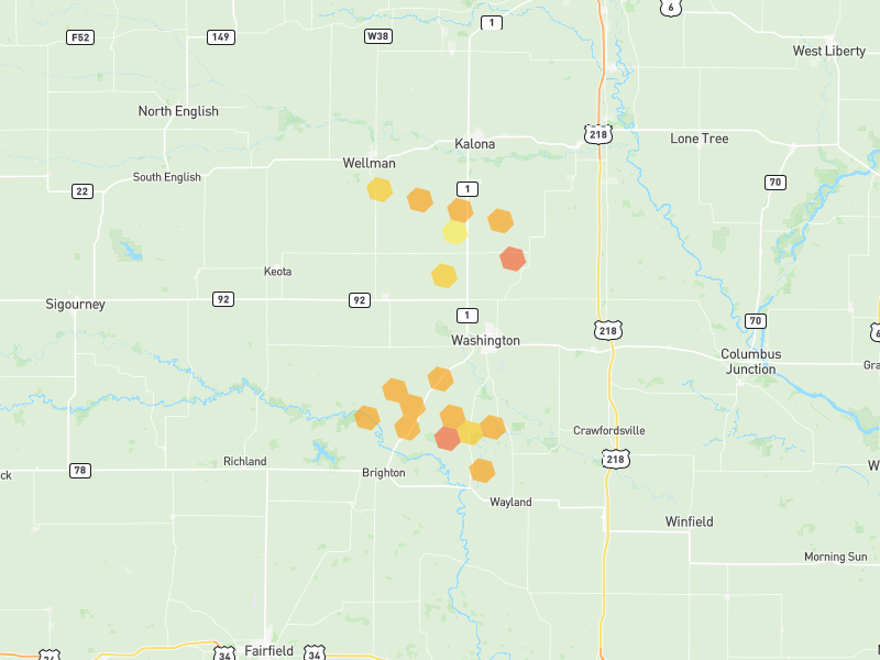 Hail map of Washington, IA on Jul 4, 2026, hail up to 1.5"