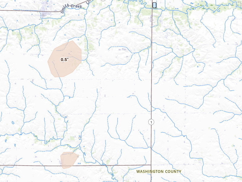 Radar-estimated hail-size map of the storm over Washington, IA on Jul 10, 2026