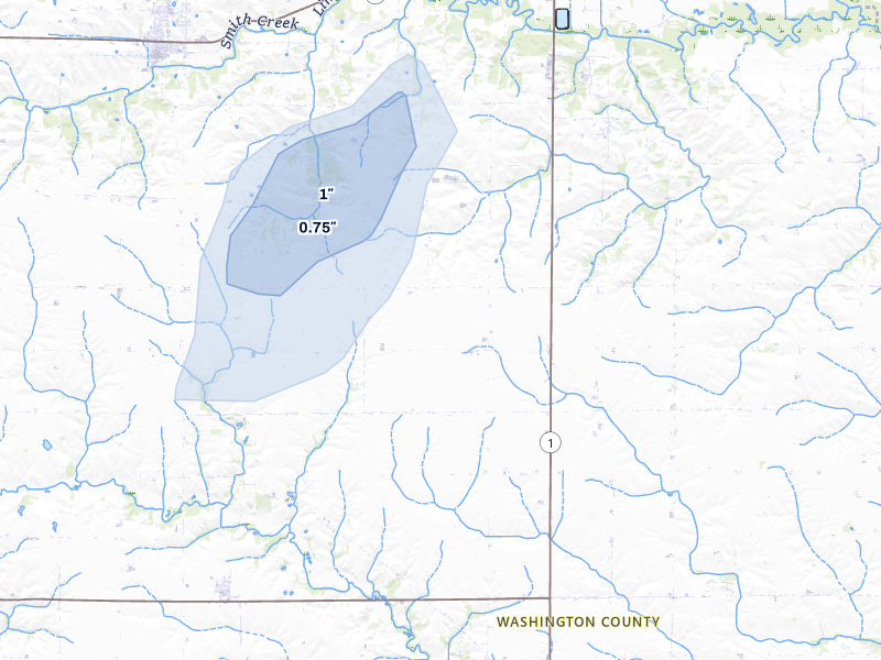 NEXRAD radar-signature map of the hail storm over Washington, IA on Jul 10, 2026