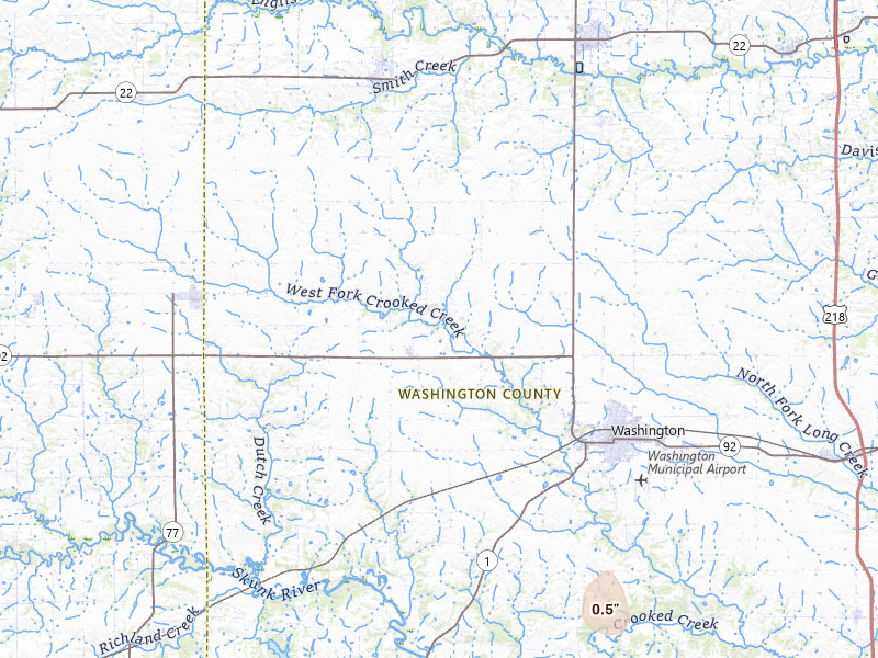 Radar-estimated hail-size map of the storm over Washington, IA on Jul 18, 2026