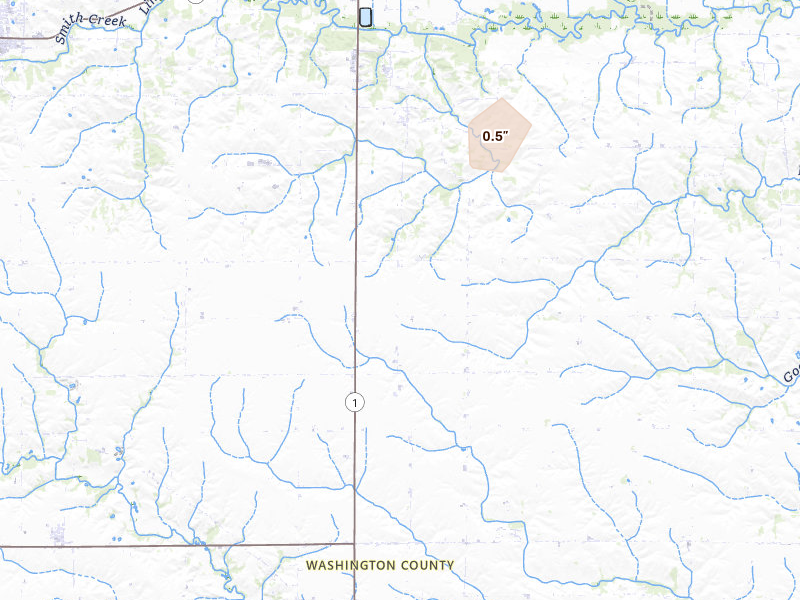 Radar-estimated hail-size map of the storm over Washington, IA on Aug 11, 2026