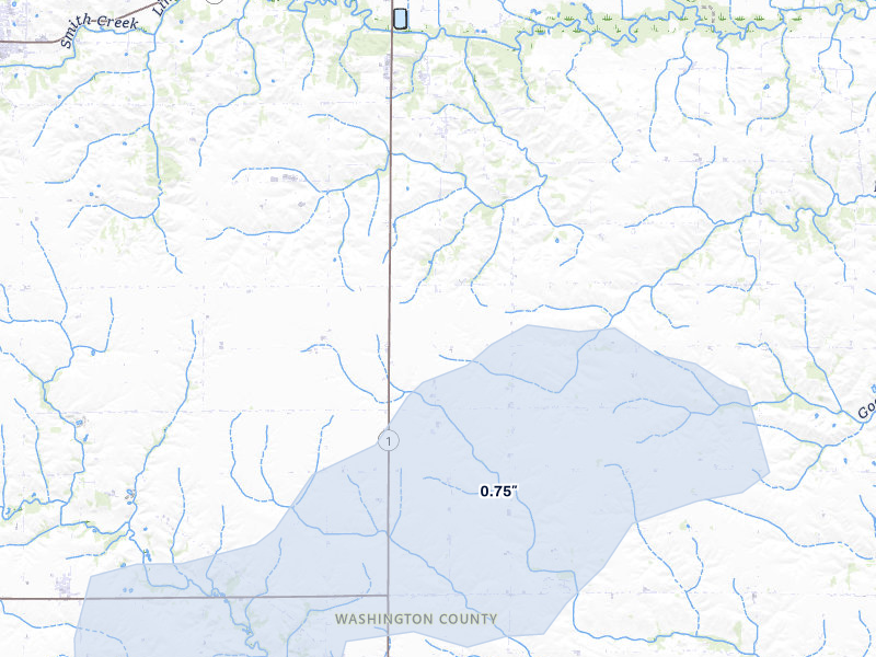 NEXRAD radar-signature map of the hail storm over Washington, IA on Aug 11, 2026