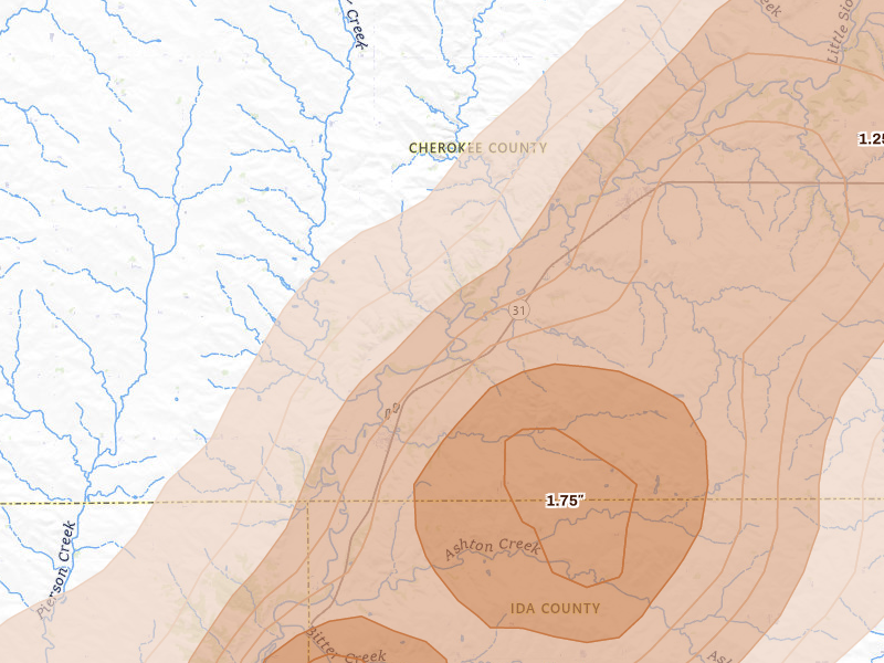 Radar-estimated hail-size map of the storm over Washta, IA on May 18, 2026