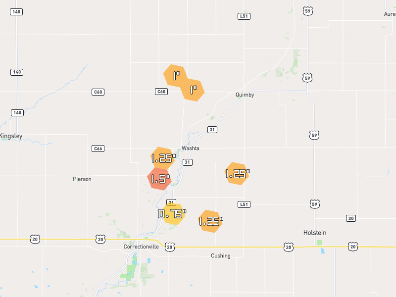 Hail map of Washta, IA on Jul 3, 2026, hail up to 1.5"