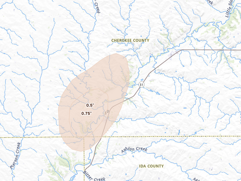 Radar-estimated hail-size map of the storm over Washta, IA