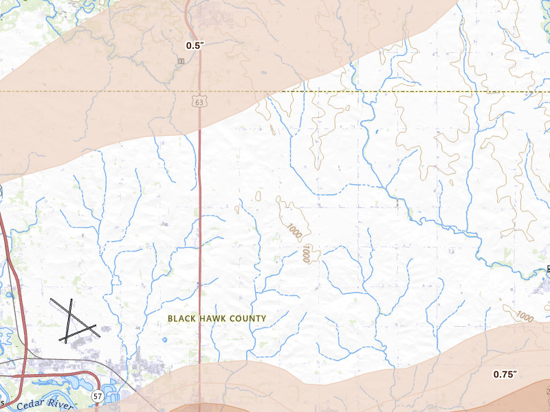 Radar-estimated hail-size map of the storm over Waterloo, IA