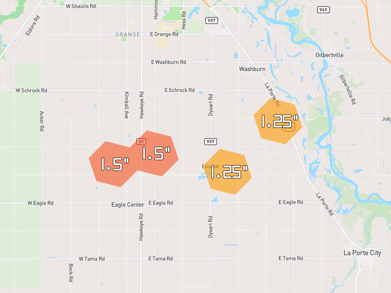 Hail map of Waterloo, IA on Jun 28, 2026, hail up to 1.5"