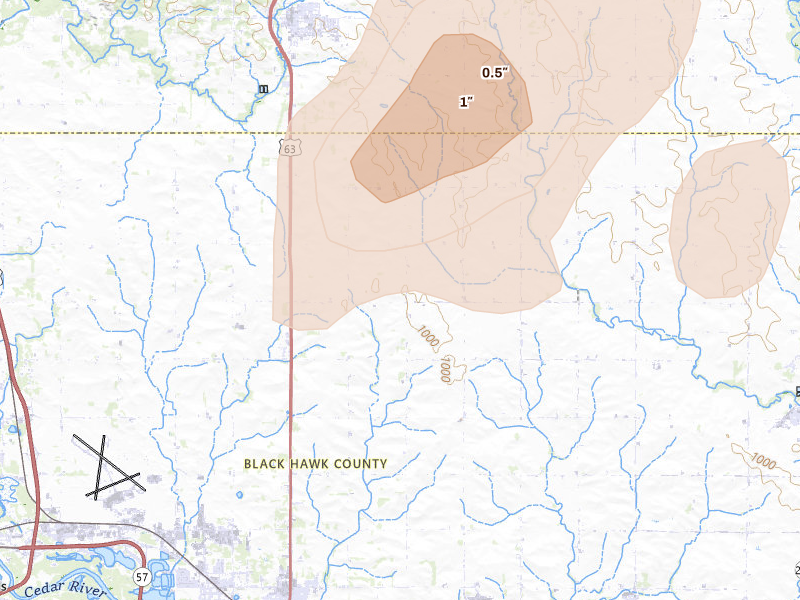 Radar-estimated hail-size map of the storm over Waterloo, IA on Jul 2, 2026
