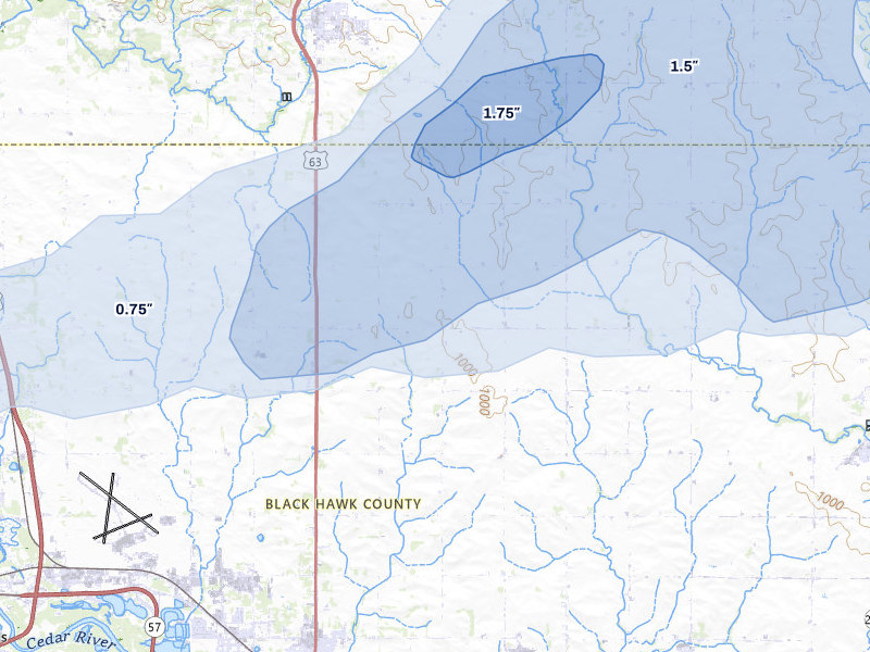 NEXRAD radar-signature map of the hail over Waterloo, IA