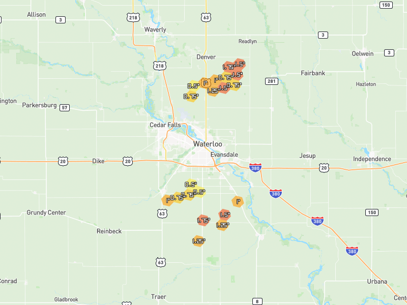 Hail map of Waterloo, IA on Jul 2, 2026, hail up to 1.75"