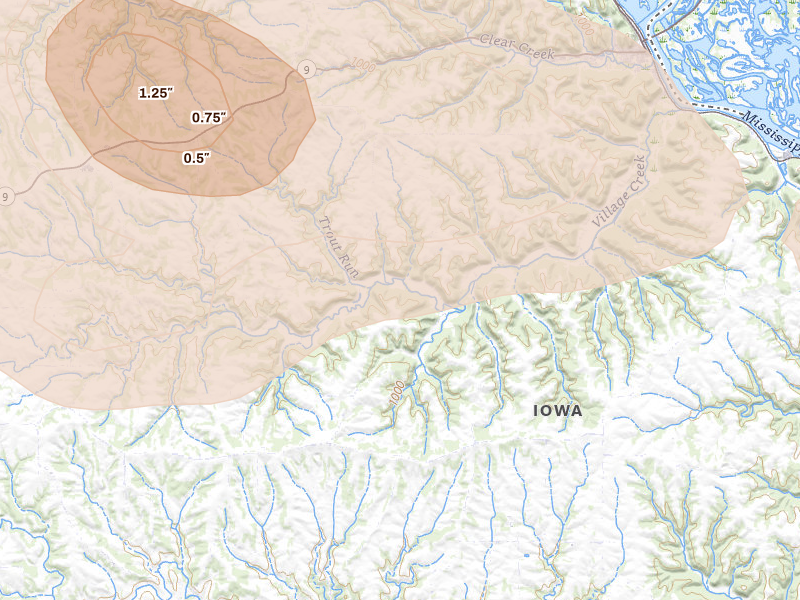 Radar-estimated hail-size map of the storm over Waterville, IA on Aug 11, 2026