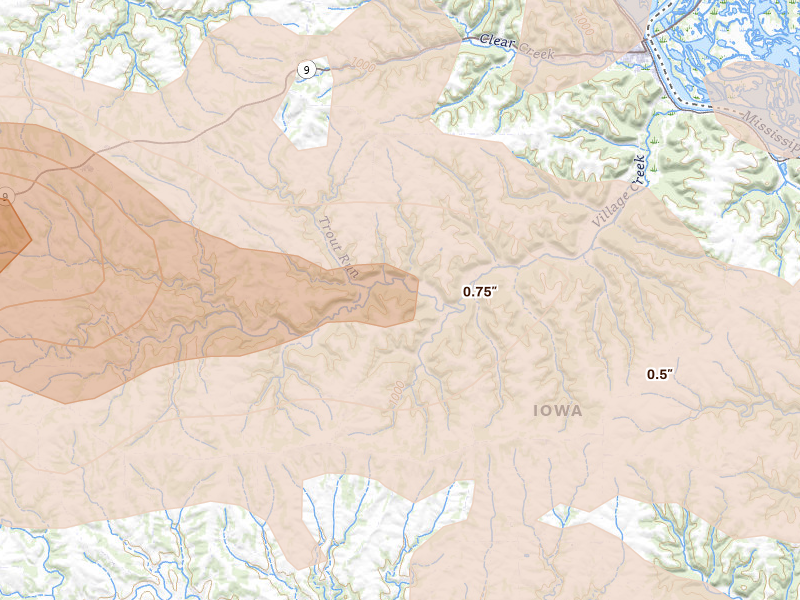 Radar-estimated hail-size map of the storm over Waterville, IA