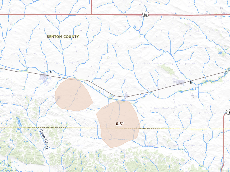 Radar-estimated hail-size map of the storm over Watkins, IA on Jul 20, 2026
