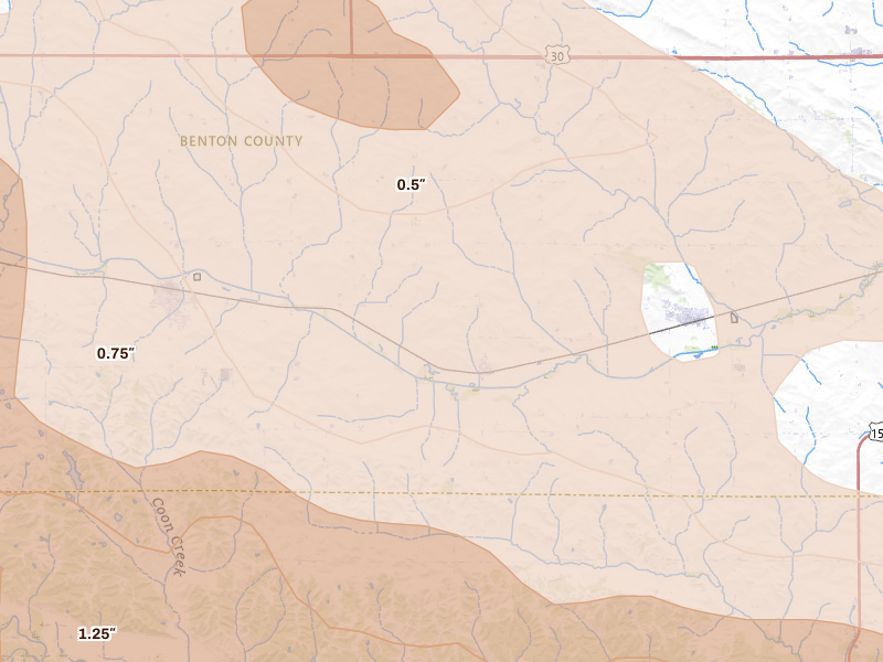 Radar-estimated hail-size map of the storm over Watkins, IA on Aug 11, 2026