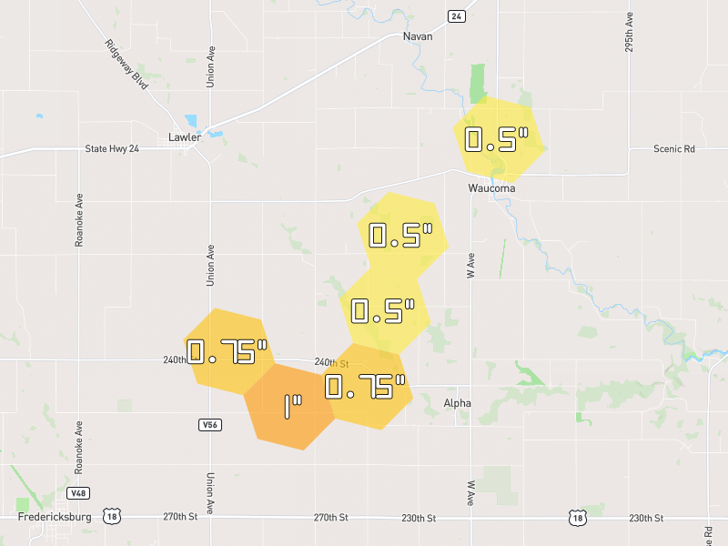 Hail map of Waucoma, IA on Jul 2, 2026, hail up to 1"