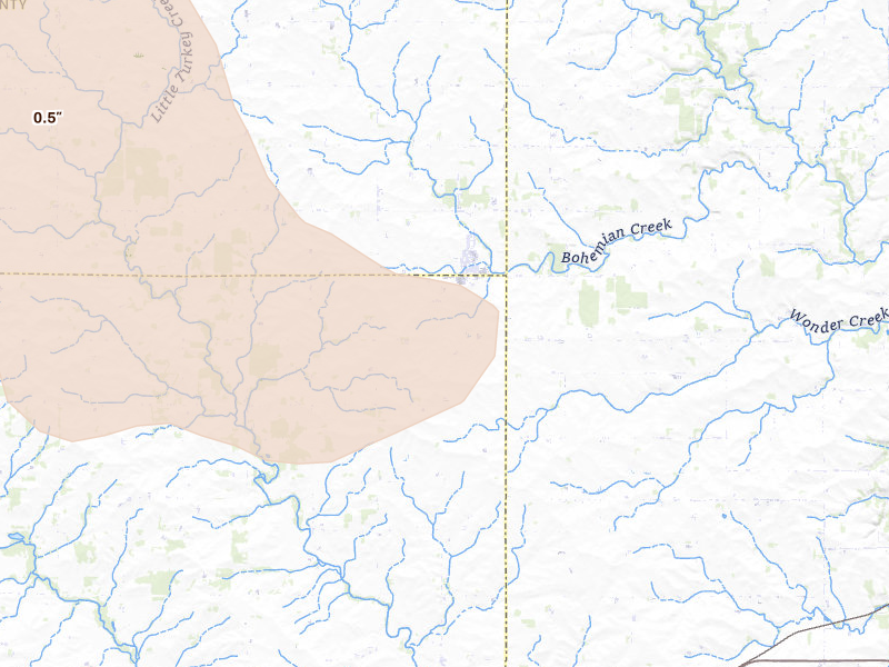 Radar-estimated hail-size map of the storm over Waucoma, IA on Jul 8, 2026