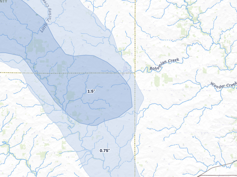 NEXRAD radar-signature map of the hail storm over Waucoma, IA on Jul 8, 2026