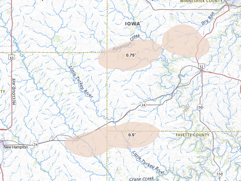 Radar-estimated hail-size map of the storm over Waucoma, IA on Aug 11, 2026