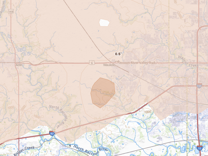 Radar-estimated hail-size map of the storm over Waukee, IA on Mar 30, 2026