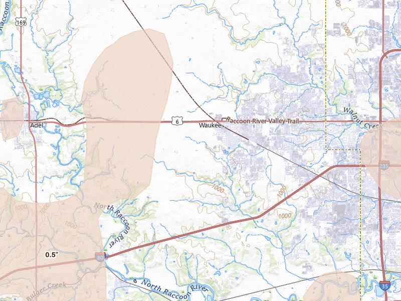 Radar-estimated hail-size map of the storm over Waukee, IA on Apr 23, 2026