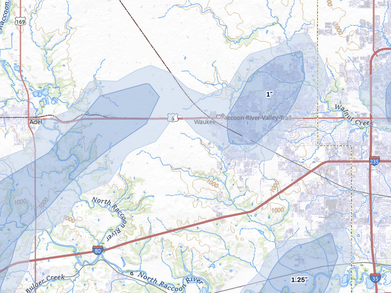 NEXRAD radar-signature map of the hail storm over Waukee, IA on Apr 23, 2026