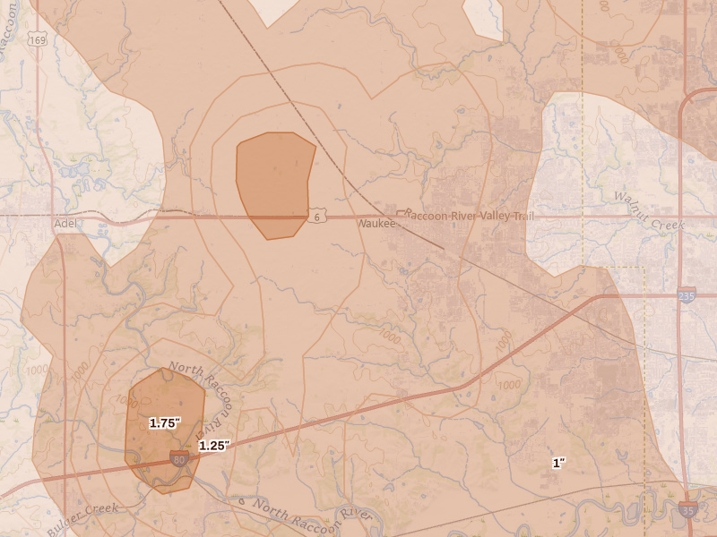 Radar-estimated hail-size map of the storm over Waukee, IA on Jul 20, 2026