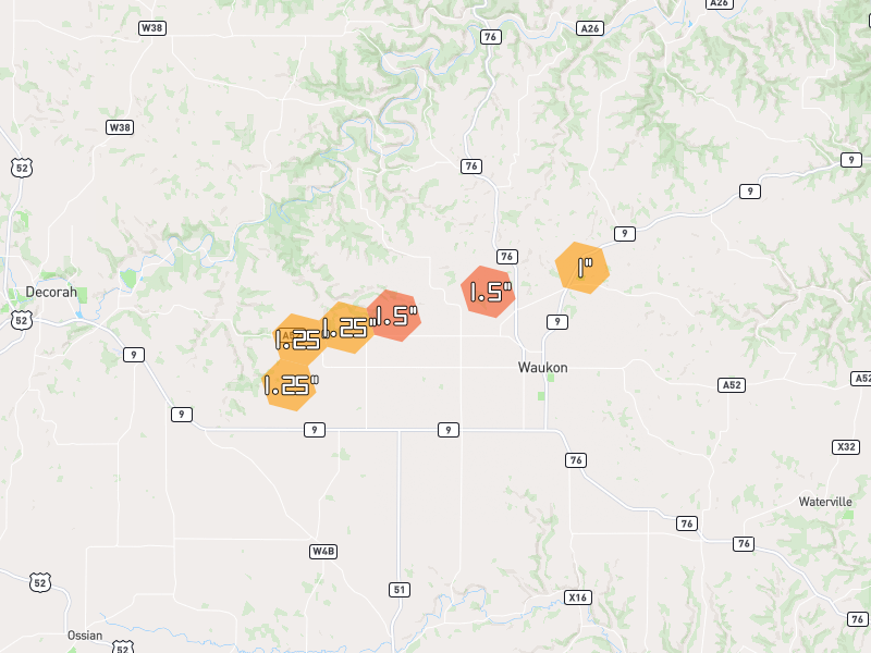 Hail map of Waukon, IA on Jul 1, 2026, hail up to 1.5"