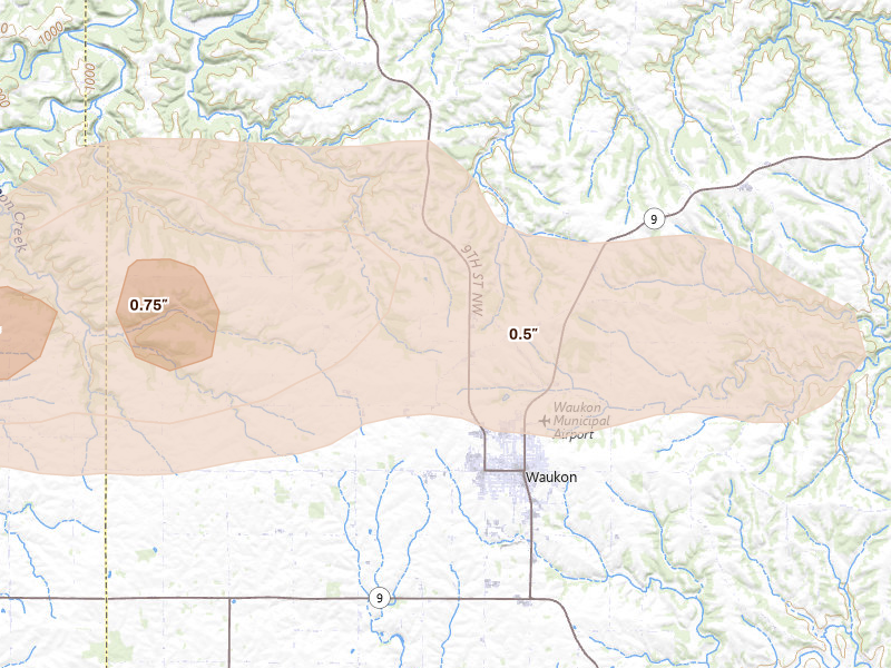 Radar-estimated hail-size map of the storm over Waukon, IA on Jul 2, 2026