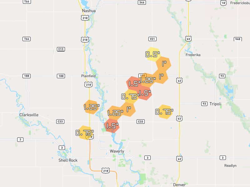 Hail map of Waverly, IA on Jul 2, 2026, hail up to 1.5"