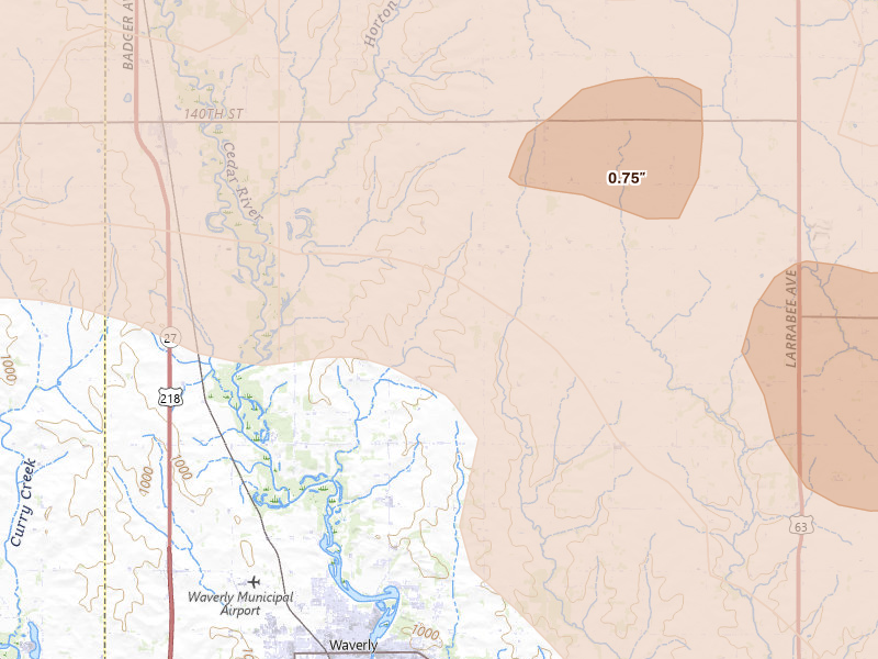 Radar-estimated hail-size map of the storm over Waverly, IA on Aug 7, 2026