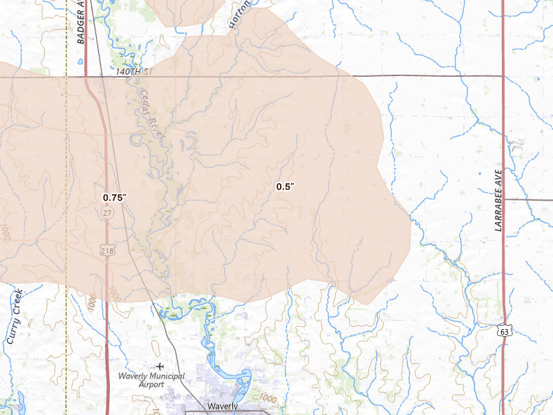 Radar-estimated hail-size map of the storm over Waverly, IA on Aug 10, 2026