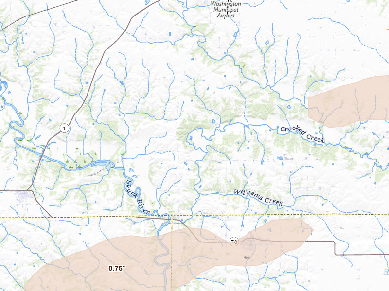 Radar-estimated hail-size map of the storm over Wayland, IA on Mar 31, 2026