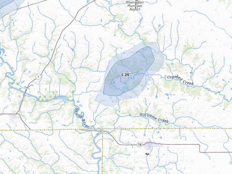 NEXRAD radar-signature map of the hail storm over Wayland, IA on Apr 2, 2026