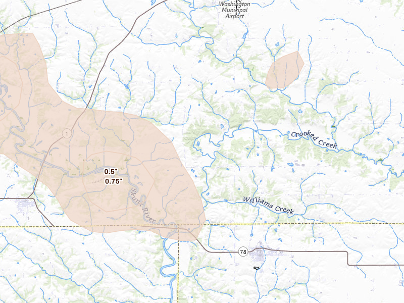Radar-estimated hail-size map of the storm over Wayland, IA on Jul 3, 2026