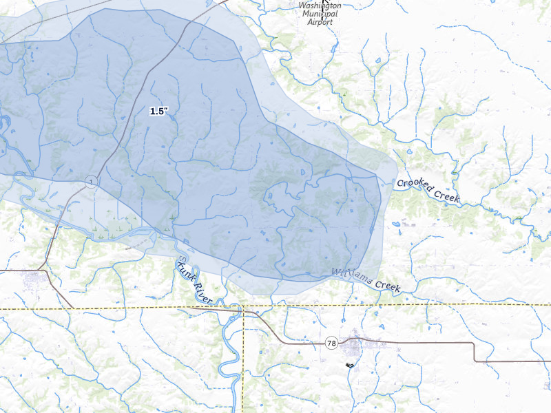 NEXRAD radar-signature map of the hail storm over Wayland, IA on Jul 3, 2026