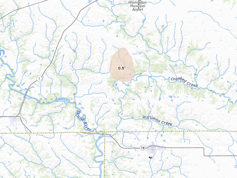 Radar-estimated hail-size map of the storm over Wayland, IA on Jul 18, 2026