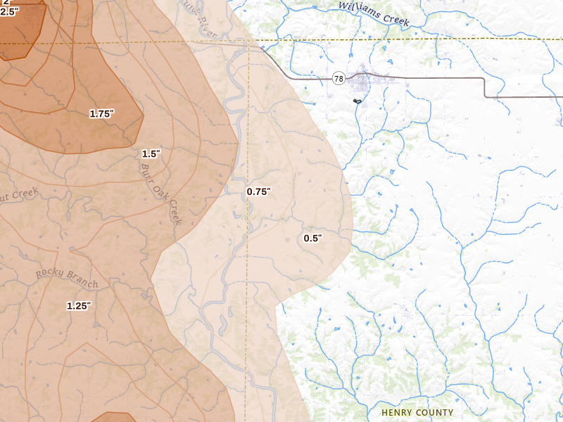 Radar-estimated hail-size map of the storm over Wayland, IA on Aug 7, 2026