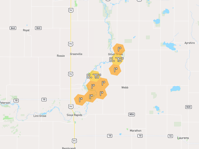 Hail map of Webb, IA on Jul 2, 2026, hail up to 1"